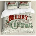 thumbnail image 1 of Christmas Duvet Cover Set King Size, Xmas Stars and Snowflakes Backdrop with Stylized Retro Lettering, Decorative 3 Piece Bedding Set with 2 Pillow Shams, Eggshell Sea Green Ruby, by Ambesonne, 1 of 3