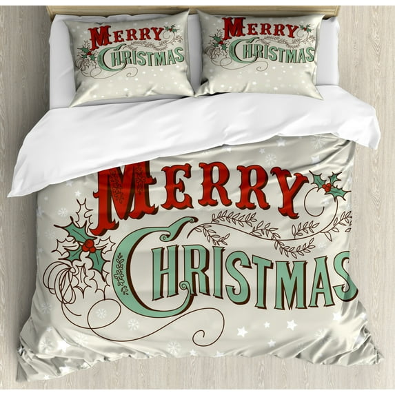 Christmas Duvet Cover Set King Size, Xmas Stars and Snowflakes Backdrop with Stylized Retro Lettering, Decorative 3 Piece Bedding Set with 2 Pillow Shams, Eggshell Sea Green Ruby, by Ambesonne