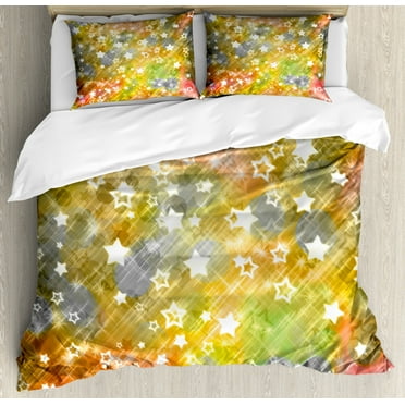 Christmas Duvet Cover Set King Size, Xmas Themed Grunge Design with Stars Snowflakes Blurry Happy Holiday Yuletide, Decorative 3 Piece Bedding Set with 2 Pillow Shams, Multicolor, by Ambesonne