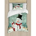 thumbnail image 1 of Christmas Duvet Cover Set, Merry Christmas Cartoon with Santa Snowman Pines Houses Winter, Decorative 2 Piece Bedding Set with 1 Pillow Shams, Twin Size, Almond Green Eggshell, by Ambesonne, 1 of 3