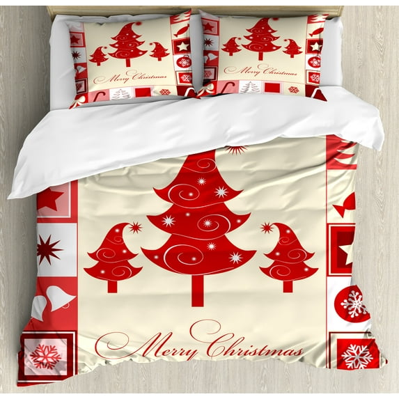 Christmas Duvet Cover Set, Merry Christmas Words with Square Frames Trees Candy Star, Decorative 3 Piece Bedding Set with 2 Pillow Shams, King Size, Vermilion Pale Pink, by Ambesonne