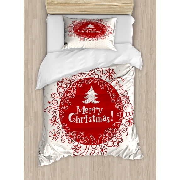 Christmas Duvet Cover Set, Merry Xmas Greeting Design Sketchy Tree Swirled Doodles Frame, Decorative 2 Piece Bedding Set with 1 Pillow Shams, Twin Size, White Red Coral, by Ambesonne