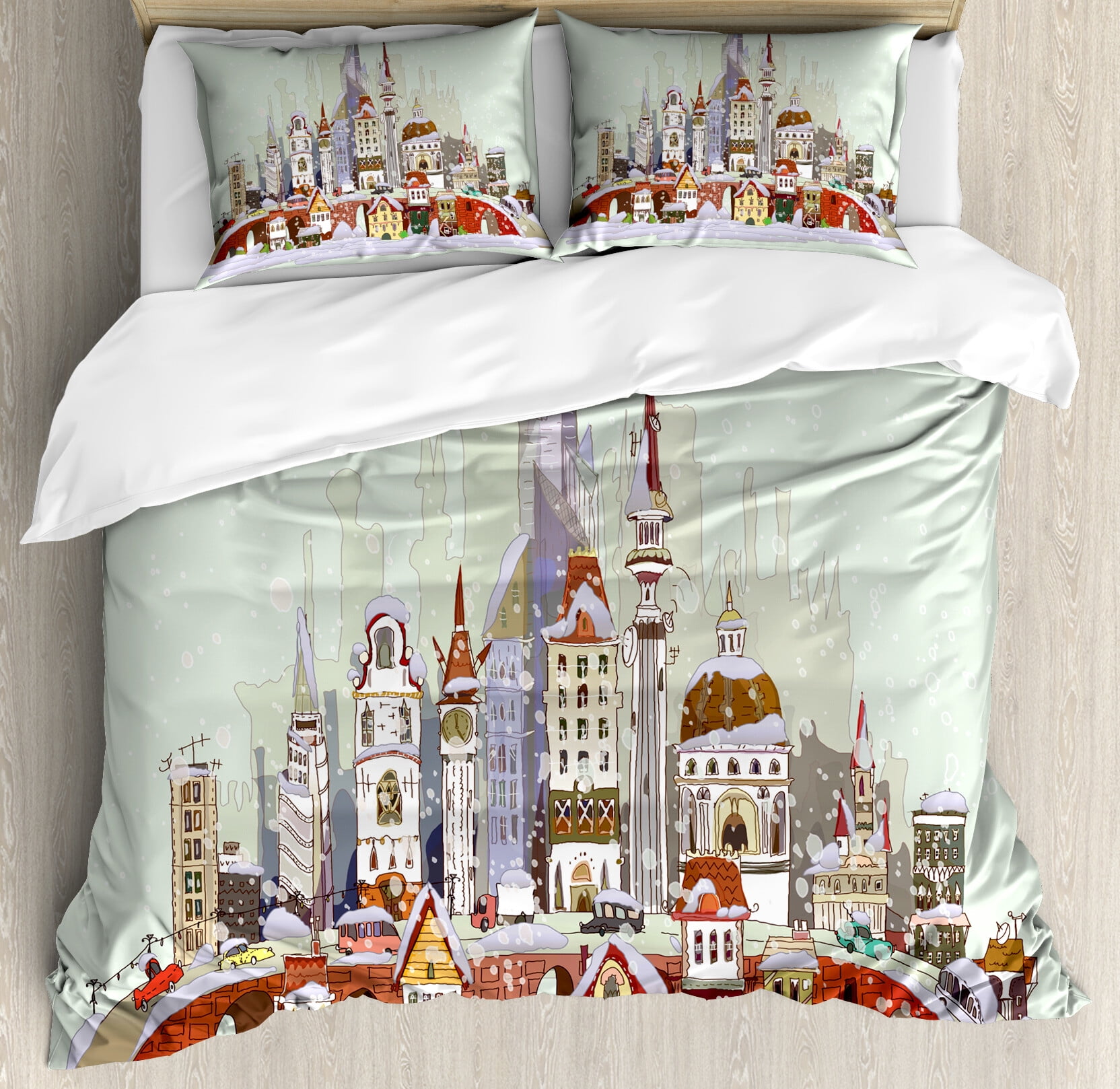 Pale Green Lavender Christmas Cityscape Queen Duvet Cover Set