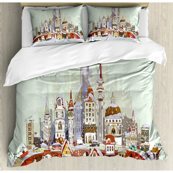 Christmas Duvet Cover Set, Noel in the City Xmas Background Yule Holiday Traditional Winter Scenery, Decorative 3 Piece Bedding Set with 2 Pillow Shams, Queen Size, Pale Green Lavender, by Ambesonne