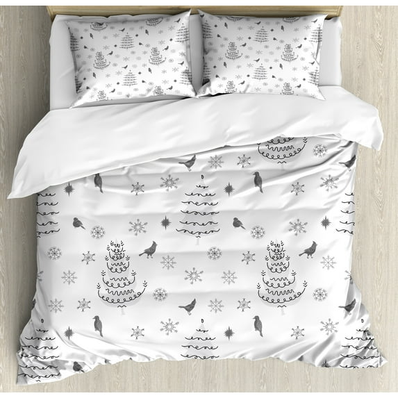 Christmas Duvet Cover Set, Pattern of Winter Time Trees Snowflakes and Birds Snowy New Year, Decorative 3 Piece Bedding Set with 2 Pillow Shams, Queen Size, Dark Grey and Pale Grey, by Ambesonne