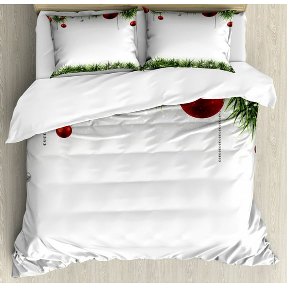 Christmas Duvet Cover Set Queen Size, Classical Christmas Ornaments and Baubles Coniferous Pine Tree Twig Tinsel Print, Decorative 3 Piece Bedding Set with 2 Pillow Shams, Green Red, by Ambesonne