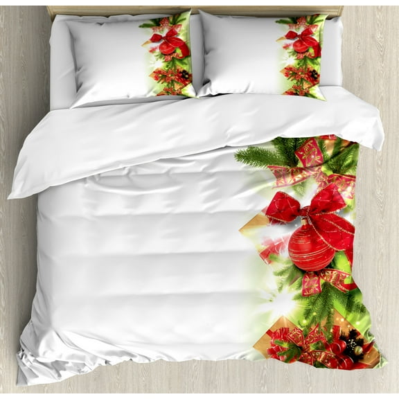 Christmas Duvet Cover Set Queen Size, Classical Ribbons Baubles Used to Festoon the Xmas Tree Winter, Decorative 3 Piece Bedding Set with 2 Pillow Shams, Fren Green Red Apple Green, by Ambesonne