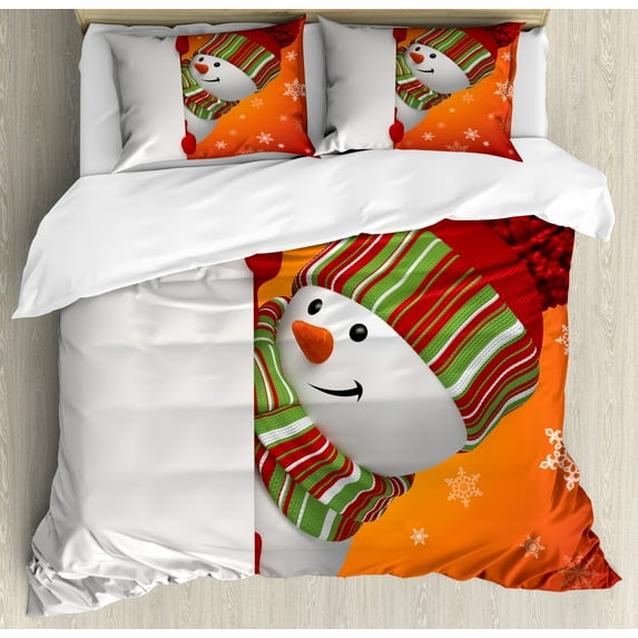 Christmas Duvet Cover Set Queen Size, Cute Snowman with Mittens and Hat and Scarf New Year Celebration Festive Design, Decorative 3 Piece Bedding Set with 2 Pillow Shams, White Orange, by Ambesonne