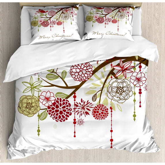 Christmas Duvet Cover Set Queen Size, Floral Winter Red Bird Hat and Scarf on Blooming Tree Nature Inspired, Decorative 3 Piece Bedding Set with 2 Pillow Shams, Green White, by Ambesonne