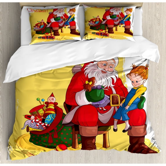Christmas Duvet Cover Set Queen Size, Little Child Sitting on Santa Knee with Gifts Doll and Toy Train Kids Design, Decorative 3 Piece Bedding Set with 2 Pillow Shams, Multicolor, by Ambesonne