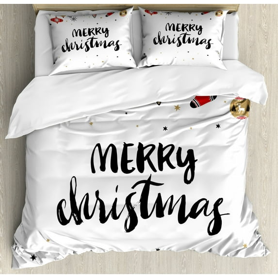 Christmas Duvet Cover Set Queen Size, Merry Xmas Quote with Modern Brush Lettering Creative Noel Phrase Inspirational Print, Decorative 3 Piece Bedding Set with 2 Pillow Shams, Multi, by Ambesonne