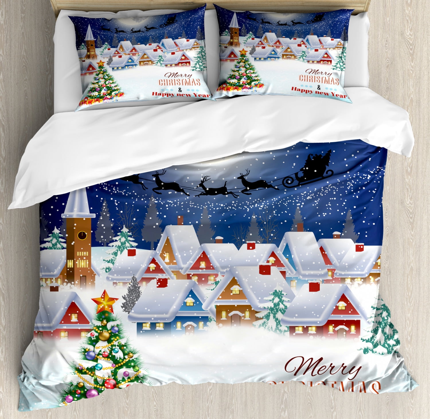 Christmas Village Winter Scene Queen Duvet Cover Set