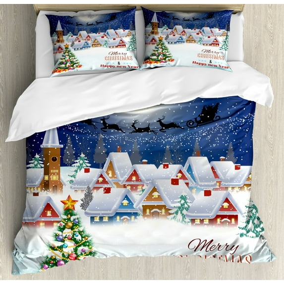 Christmas Duvet Cover Set Queen Size, Moon Santa Claus Reindeer Hovering in Winter Sky of a Small Village Illustration, Decorative 3 Piece Bedding Set with 2 Pillow Shams, Navy White, by Ambesonne