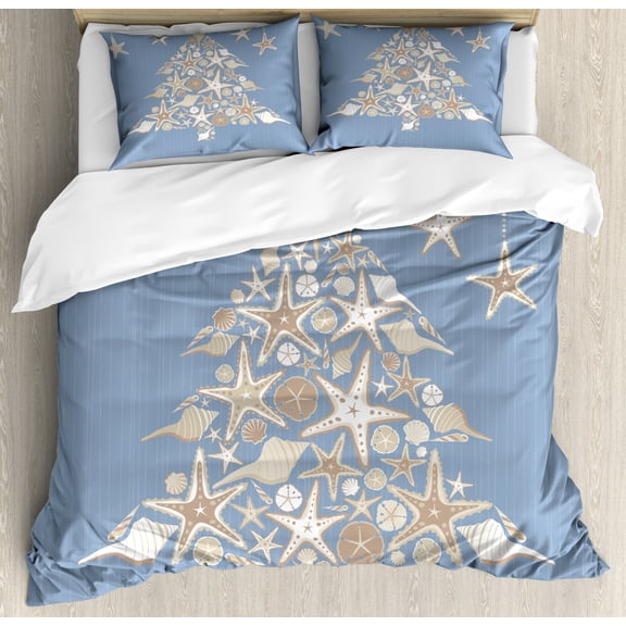 Christmas Duvet Cover Set Queen Size, Nautical Elements Sea Life Theme with Noel Tree Winter Season, Decorative 3 Piece Bedding Set with 2 Pillow Shams, Beige Cream Pale Azure Blue, by Ambesonne