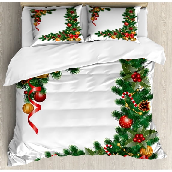 Christmas Duvet Cover Set Queen Size, Noel Ornaments Themed Fir Tree with Ornaments Classical New Year Concept Print, Decorative 3 Piece Bedding Set with 2 Pillow Shams, Multicolor, by Ambesonne