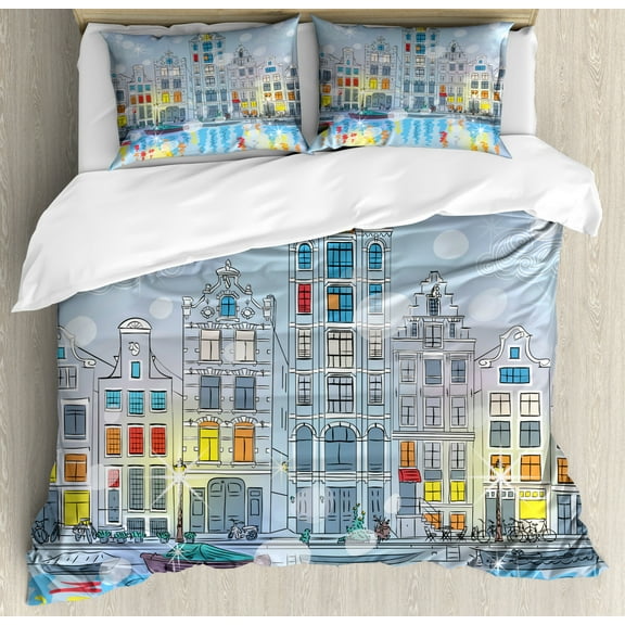 Christmas Duvet Cover Set Queen Size, Noel Time at Amsterdam Canal with Historical Famous Buildings North Europe Design, Decorative 3 Piece Bedding Set with 2 Pillow Shams, Multicolor, by Ambesonne
