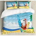 thumbnail image 1 of Christmas Duvet Cover Set Queen Size, Santa Claus on the Beach with Surfboard Summer Party Celebration Tropical Art, Decorative 3 Piece Bedding Set with 2 Pillow Shams, Blue Yellow, by Ambesonne, 1 of 3