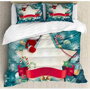 Christmas Duvet Cover Set Queen Size, Santa Claus Star Banner Snowflakes Ribbon and Candy Cane Tree Winter Season Theme, Decorative 3 Piece Bedding Set with 2 Pillow Shams, Red White, by Ambesonne