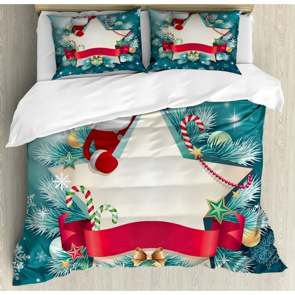 Christmas Duvet Cover Set Queen Size, Santa Claus Star Banner Snowflakes Ribbon and Candy Cane Tree Winter Season Theme, Decorative 3 Piece Bedding Set with 2 Pillow Shams, Red White, by Ambesonne