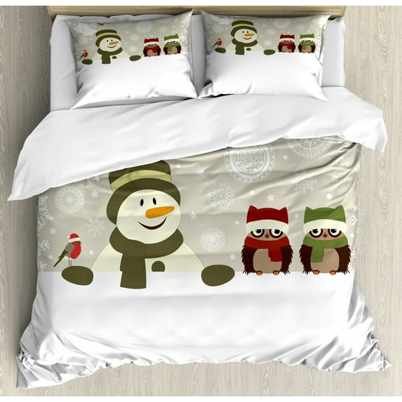 Christmas Duvet Cover Set Queen Size, Snowman and Owls in Snowy Winter Day with Jingle Bells and Snowflake Figures Image, Decorative 3 Piece Bedding Set with 2 Pillow Shams, Multi, by Ambesonne