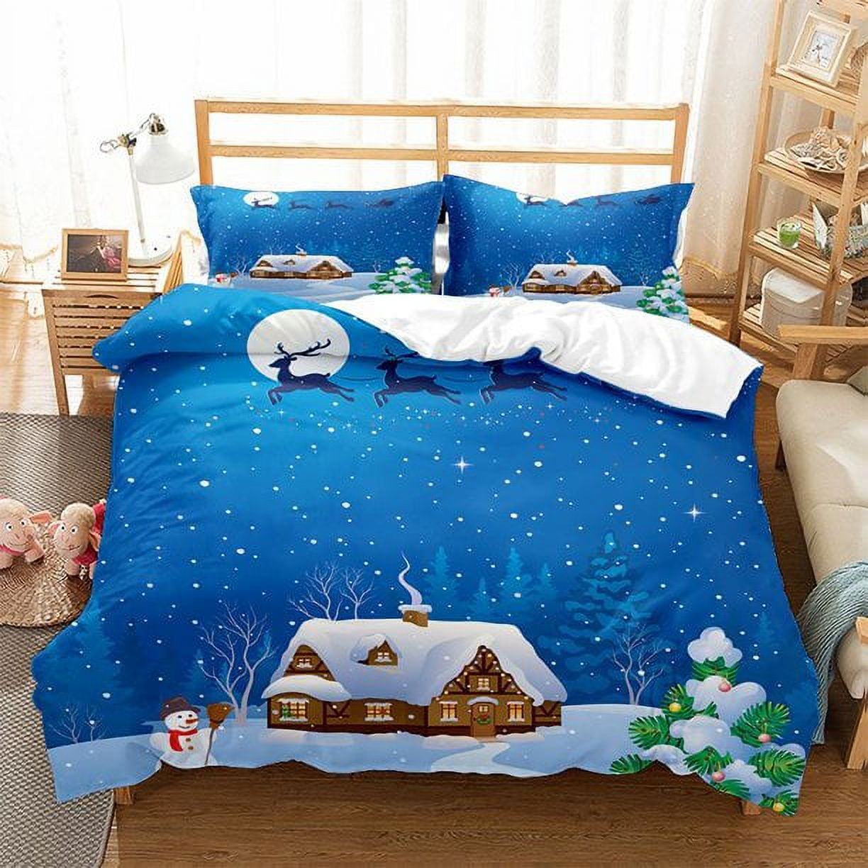 Christmas Duvet Cover Set Queen Size with Snowman Snowflake and Deers
