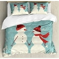 thumbnail image 1 of Christmas Duvet Cover Set Queen Size, Snowman and Woman Romantic Couple In Love Holding Hands Grunge Display, Decorative 3 Piece Bedding Set with 2 Pillow Shams, Seafoam Red Cream, by Ambesonne, 1 of 3