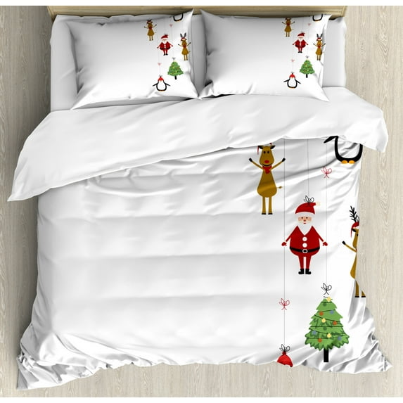 Christmas Duvet Cover Set Queen Size, Stylized Reindeers Santa Claus Penguins and Xmas Tree on Stripes Cute Design, Decorative 3 Piece Bedding Set with 2 Pillow Shams, Multicolor, by Ambesonne