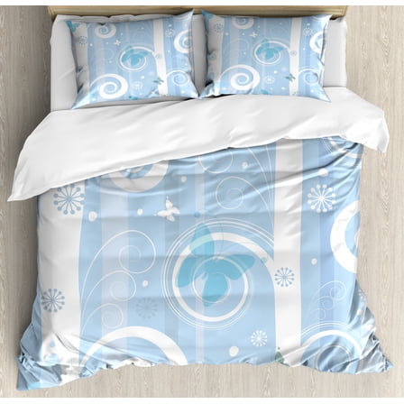 Christmas Duvet Cover Set Queen Size, Swirled Lines Snowflakes and Butterflies Fantastic Festive Abstract Winter, Decorative 3 Piece Bedding Set with 2 Pillow Shams, Baby Blue White, by Ambesonne