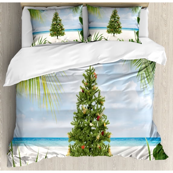 Christmas Duvet Cover Set Queen Size, Tree with Tinsel and Ornaments Tropical Island Sandy Beach Party Theme, Decorative 3 Piece Bedding Set with 2 Pillow Shams, Green Blue Cream, by Ambesonne