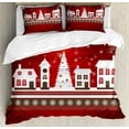 thumbnail image 1 of Christmas Duvet Cover Set Queen Size, Winter Holidays Theme Gingerbread House with Trees and Snowflakes Artwork Print, Decorative 3 Piece Bedding Set with 2 Pillow Shams, White Red, by Ambesonne, 1 of 3