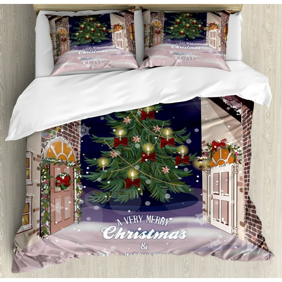 Christmas Duvet Cover Set Queen Size, Winter Setting Streets Filled with Snow Traditional Pine Tree Ribbons Carol Quote, Decorative 3 Piece Bedding Set with 2 Pillow Shams, Multicolor, by Ambesonne