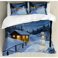 thumbnail image 1 of Christmas Duvet Cover Set Queen Size, Wooden Rustic Log Cottage Scenery in the Winter Season Warm Moonlight Spirit, Decorative 3 Piece Bedding Set with 2 Pillow Shams, Blue White, by Ambesonne, 1 of 3