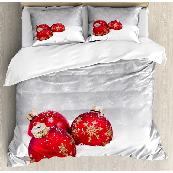 Christmas Duvet Cover Set Queen Size, Xmas Baubles on Snow with Snowflakes Ice Holiday Humanitarian Artwork Illustration, Decorative 3 Piece Bedding Set with 2 Pillow Shams, Red White, by Ambesonne
