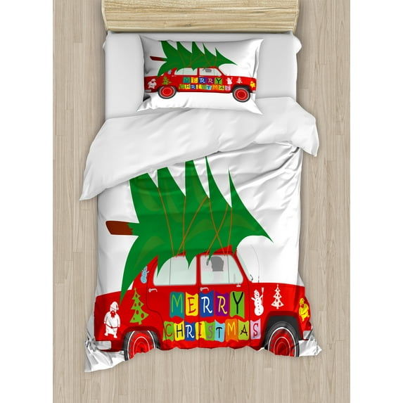 Christmas Duvet Cover Set, Red Vintage Car Xmas Tree Merry Celebration Words and Snowman Elf, Decorative 2 Piece Bedding Set with 1 Pillow Shams, Twin Size, Vermilion Green White, by Ambesonne