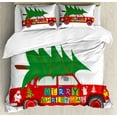 thumbnail image 1 of Christmas Duvet Cover Set, Red Vintage Car Xmas Tree Merry Celebration Words and Snowman Elf, Decorative 3 Piece Bedding Set with 2 Pillow Shams, King Size, Vermilion Green White, by Ambesonne, 1 of 3