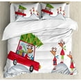thumbnail image 1 of Christmas Duvet Cover Set, Reigndeer Family Father in Retro Red Car and Tree Doodle Drawing Art, Decorative 3 Piece Bedding Set with 2 Pillow Shams, King Size, Grey White, by Ambesonne, 1 of 3