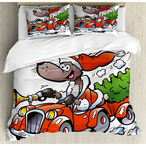 Christmas Duvet Cover Set, Reindeer Racing in Red Vintage Car with Xmas Tree Horn Santa Hat Winter, Decorative 3 Piece Bedding Set with 2 Pillow Shams, King Size, White Red Green, by Ambesonne