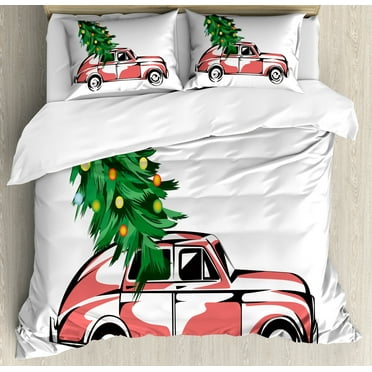 Christmas Duvet Cover Set, Retro Classic Red Car Carrying Big Xmas Tree with Star and Cartoon Design Print, Decorative 3 Piece Bedding Set with 2 Pillow Shams, Calking Size, White Red, by Ambesonne