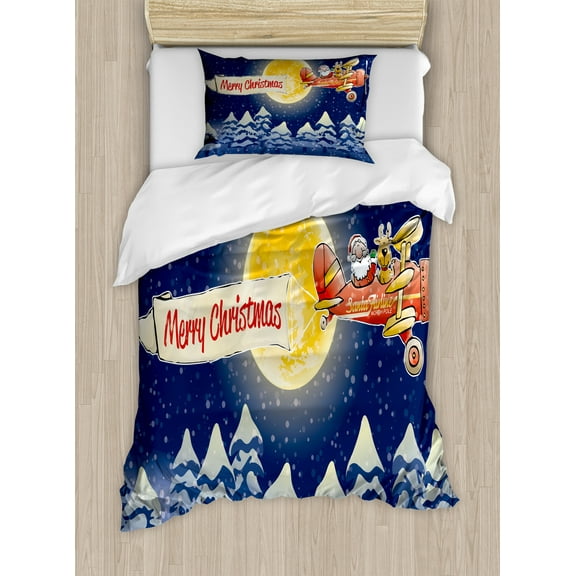 Christmas Duvet Cover Set, Santa Claus Airline Theme Vintage Plane Full Moon Snow Covered Trees, Decorative 2 Piece Bedding Set with 1 Pillow Shams, Twin Size, Dark Blue Marigold Red, by Ambesonne