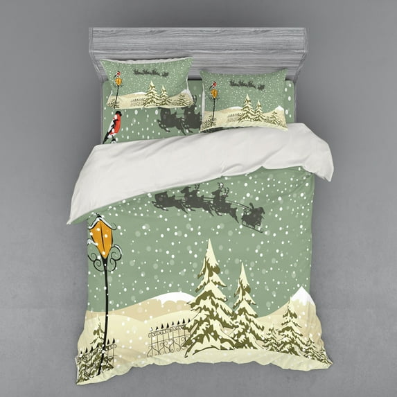 Christmas Duvet Cover Set, Santa Claus Flying Reindeer Christmas Composition Winter Season, Bedding Set with Shams and Fitted Sheet, 3 Sizes, by Ambesonne