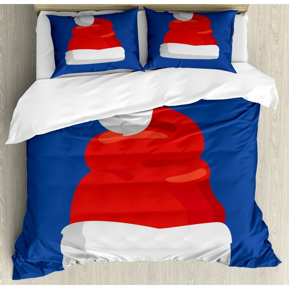 Christmas Duvet Cover Set, Simplistic Cartoon Graphic of Hat of Santa Claus Noel Theme New Year, Decorative 3 Piece Bedding Set with 2 Pillow Shams, Calking Size, Violet Blue Vermilion, by Ambesonne