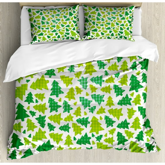 Christmas Duvet Cover Set, Simplistic Fir Pine Tree Silhouettes with Checkered Pattern, Decorative 3 Piece Bedding Set with 2 Pillow Shams, Queen Size, Apple Green Fern Green, by Ambesonne