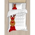 thumbnail image 1 of Christmas Duvet Cover Set, Smiling Cartoon Reindeer with a Nordic Xmas Sweater and Hat, Decorative 2 Piece Bedding Set with 1 Pillow Shams, Twin Size, Caramel Brown and Vermilion, by Ambesonne, 1 of 3