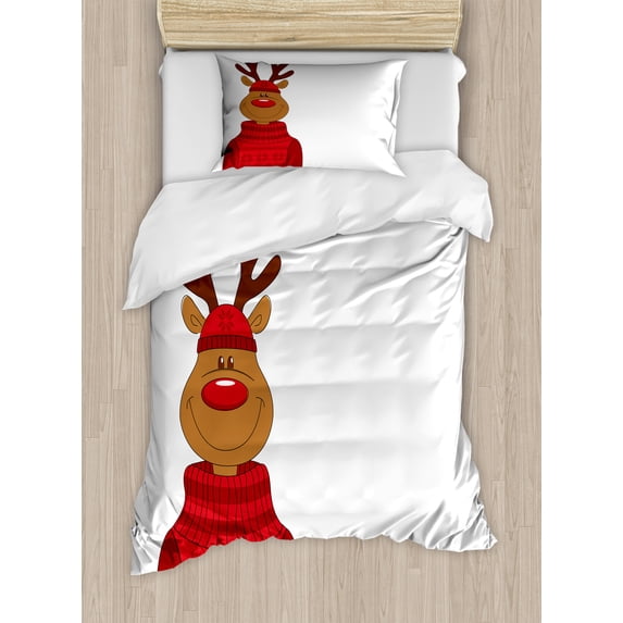 Christmas Duvet Cover Set, Smiling Cartoon Reindeer with a Nordic Xmas Sweater and Hat, Decorative 2 Piece Bedding Set with 1 Pillow Shams, Twin Size, Caramel Brown and Vermilion, by Ambesonne