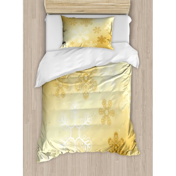 Christmas Duvet Cover Set, Snowflakes Pattern Noel Holiday Yuletide Themed Winter Inspired Image, Decorative 2 Piece Bedding Set with 1 Pillow Shams, Twin Size, Sand Brown White, by Ambesonne