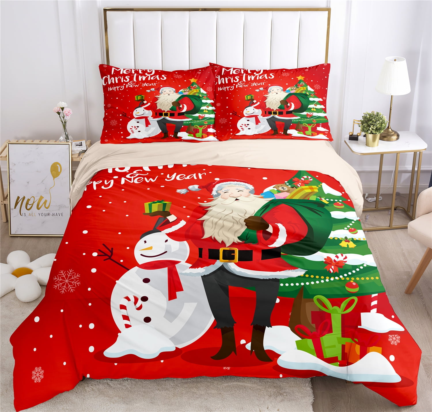 Christmas Duvet Cover Set,Snowman Santa Claus Trees and Skiing Snowman