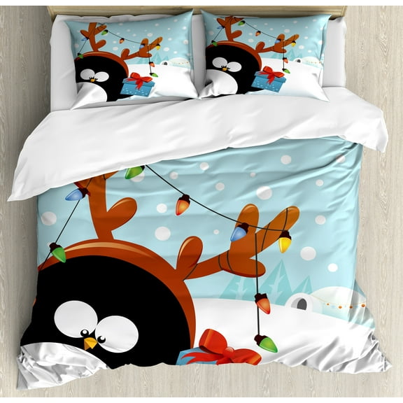 Christmas Duvet Cover Set, Snowy Funny Penguin Wears Xmas Ornamental Reindeer Antlers Has Present, Decorative 3 Piece Bedding Set with 2 Pillow Shams, Queen Size, Pale Blue Multicolor, by Ambesonne