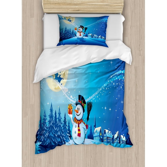 Christmas Duvet Cover Set, Snowy Landscape Pines Houses Starry Sky Full Moon and Santa with Present, Decorative 2 Piece Bedding Set with 1 Pillow Shams, Twin Size, Blue Eggshell White, by Ambesonne