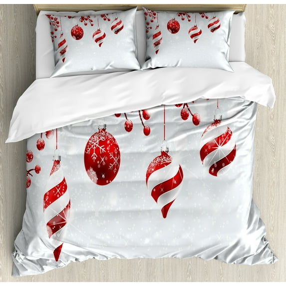 Christmas Duvet Cover Set, Traditional Design Holly Berry Branches Snow and Bokeh Effect Print, Decorative 3 Piece Bedding Set with 2 Pillow Shams, King Size, Red White, by Ambesonne