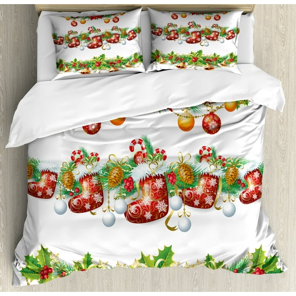 Christmas Duvet Cover Set, Traditional Garland Designs with Flowers Socks and Bells Mistletoe Candy, Decorative 3 Piece Bedding Set with 2 Pillow Shams, Queen Size, Orange Red Green, by Ambesonne